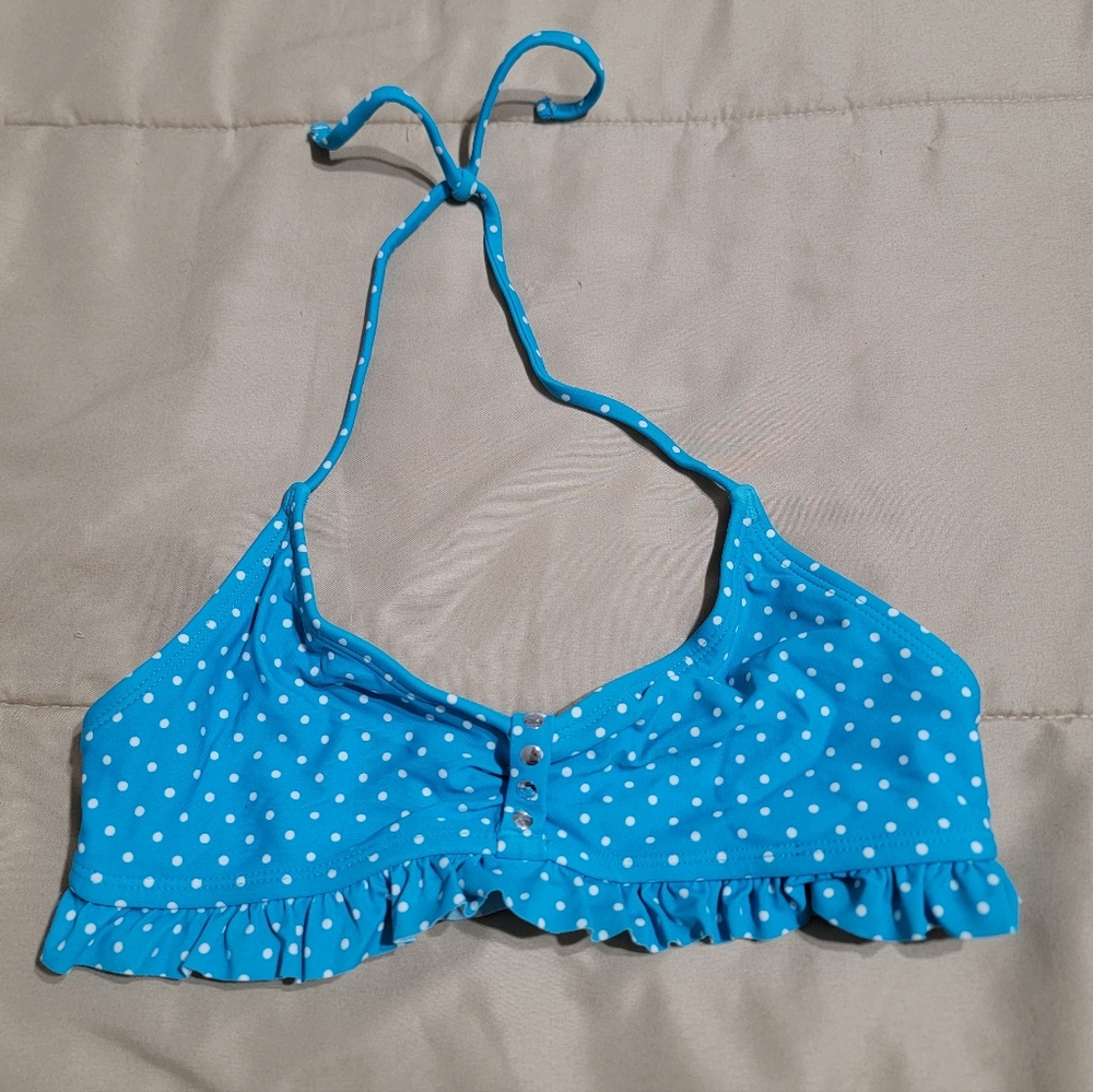 Xhilaration Blue and White Polka Dot Ruffled Bikini Top - Size Large